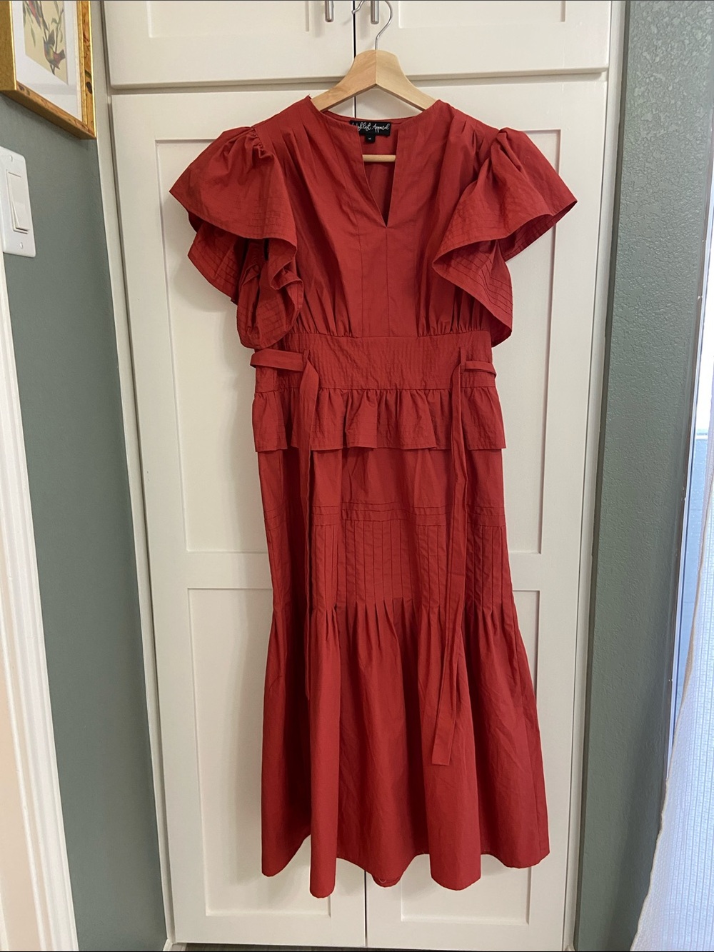 Ruffled Sleeve Maxi Dress in Brick Red
